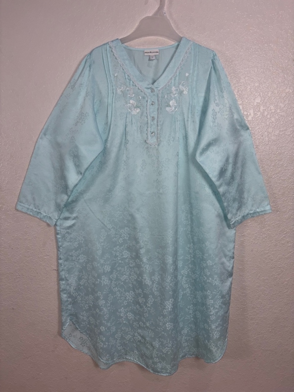 Miss Elaine,Size XL,Light Blue Embroidered Satin Nightgown
